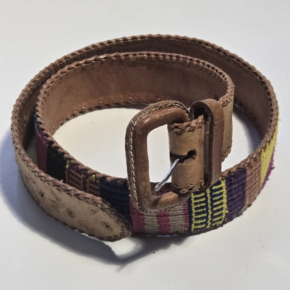 Vintage Guatemalan Handmade Leather & Woven Textile Belt Tan Multicolor Size 30